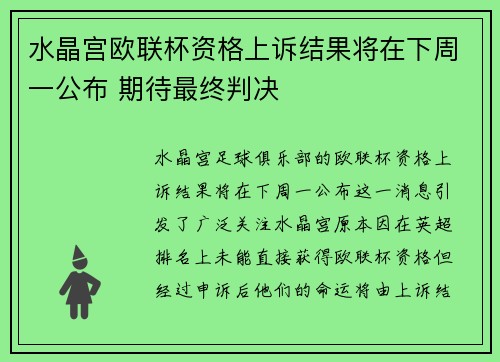 水晶宫欧联杯资格上诉结果将在下周一公布 期待最终判决