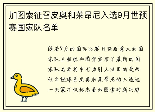 加图索征召皮奥和莱昂尼入选9月世预赛国家队名单